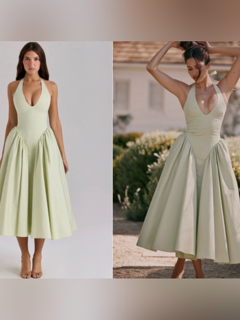 New House of CB ’Marilyn’ Pistachio Cotton Halter Midi Sundress